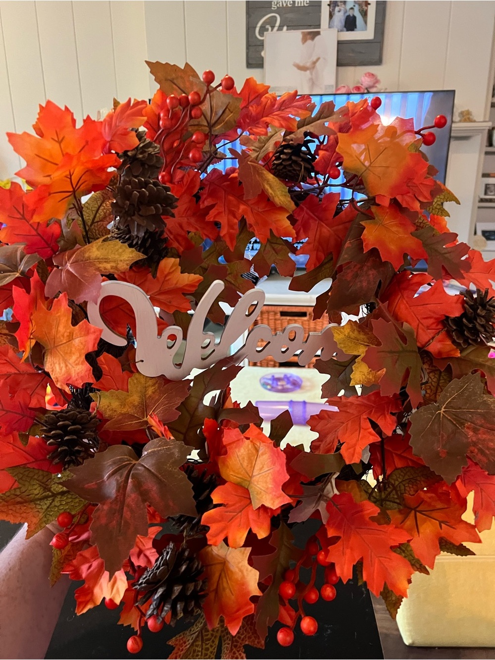 Vibrant Autumn Maple & Pinecone Wreath in Red and Orange